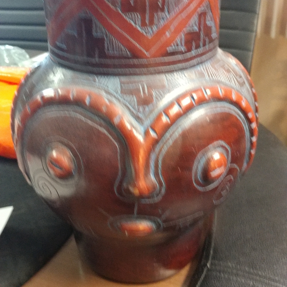 Pottery, Kaolin Clay, Brown with Blue Etching & Face